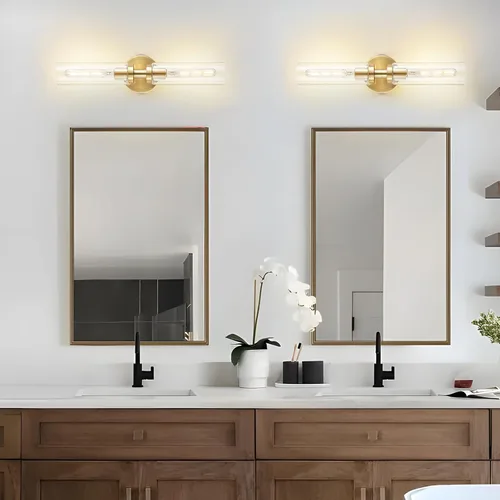 Vista 16 de Lanhall 2 lámparas de baño de níquel cepillado sobre el espejo, moderna lámpara de tocador de pared con pantalla de vidrio transparente para baño