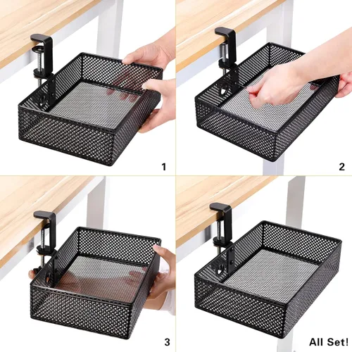 Vista 5 de Organizador de escritorio de malla y cajón giratorio con abrazadera, sistema de montaje de abrazadera C extra resistente oculto en el escritorio