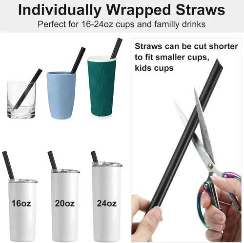 Vista 4 de Sabary 800 pajitas negras de 9.4 x 0.4 pulgadas, grandes, envueltas individualmente, popotes desechables de 0.433 in de plástico, boca extra ancha