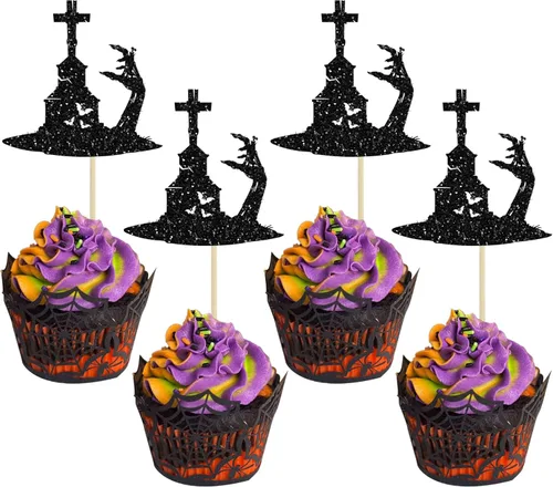 Vista 14 de Gyufise 1 pieza de decoración de pastel de cumpleaños con purpurina montada de terror clásico de Halloween para temática de terror sangriento