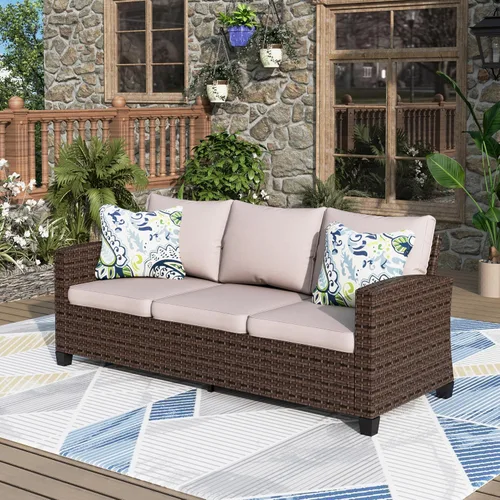 MIXPATIO Sofá de mimbre para patio de 3 asientos, asientos profundos, con Beige