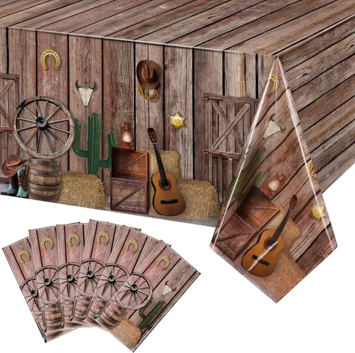 Vista 10 de Tiamon - Mantel de plástico con diseño de vaquero occidental (1 unidad) Mantel occidental desechable de 54 x 108 pulgadas, impermeable, diseño