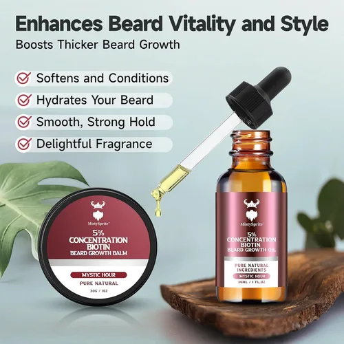 Vista 4 de Kit de crecimiento de barba y bálsamo para barba - Kit de crecimiento de barba con concentración de 5% de biotina para hombres, ingredientes