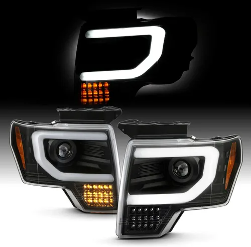 AKKON - Compatible con Ford F150 2009-2014 [tipo halógeno] Par de faros delanteros negros con luz LED completa de haz alto y bajo + lámpara de