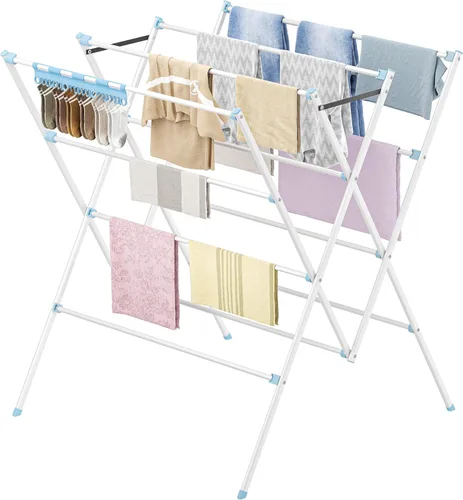 Vista 11 de HOMIDEC Tendedero de secado de ropa, 12 postes de secado grandes con clips para calcetines, estante de secado de ropa, plegable, portátil