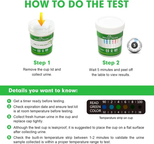Vista 2 de Easy@Home Copa de Prueba de Drogas: Kit de Pruebas de Drogas en Orina para Uso Doméstico, Pruebas para AMP,BAR,BZO,COC,MDMA,MET,MTD,OPI