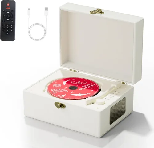 Yintiny Reproductor de CD de cuero recargable con altavoces, transmisor Bluetooth, regalo del festival, reproductor BGM para decoración del hogar.,