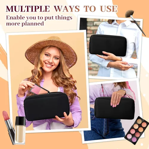 Vista 4 de Bolsa de maquillaje grande de nailon, bolsas de maquillaje de viaje para mujeres, lindo bolso cosmético con cremallera, Negro -, Moda