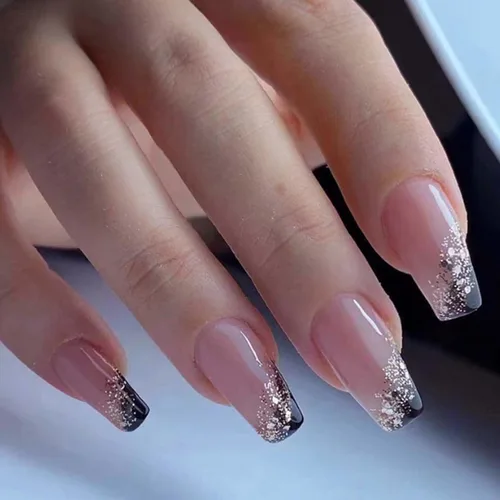 Uñas postizas medianas a presión con forma de ataúd francesas, uñas postizas acrílicas brillantes, reutilizables, para mujeres y niñas, 24 unidades