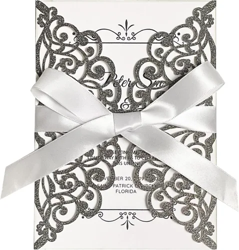 50 piezas de invitaciones de boda cortadas con láser en negro con sobres de purpurina y cintas, tarjeta personalizada en blanco Invitaciones para