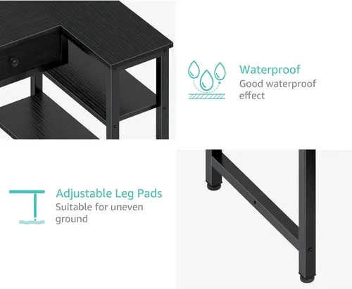 Vista 9 de DLisiting Escritorio de esquina negro para espacio pequeño con cajones, escritorio reversible para juegos en forma de L con estantes