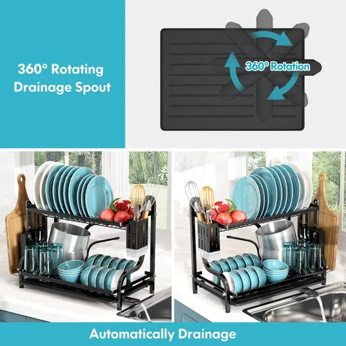 Vista 2 de MAJALiS Dish Drying Rack for Kitchen Counter, 2 Tier Large Dish Draines, 304 Stainless Steel Dish Strainers with Drainboard Set, Dish Dryer Rack