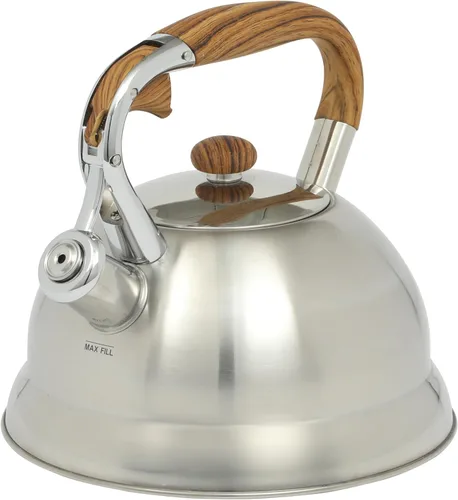 Mr. Coffee Woodmont - Hervidor de té de acero inoxidable de 2 cuartos con mango de madera, hervidor silbante para estufa, tetera duradera de cocción