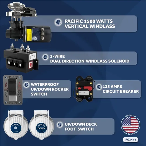 Vista 2 de Five Oceans Windlass Kit, Boat Anchor Windlass, 12V DC, Includes Solenoid, Circuit Breaker, UpDown Foot Switch and Rocker Switch, Vertical Series