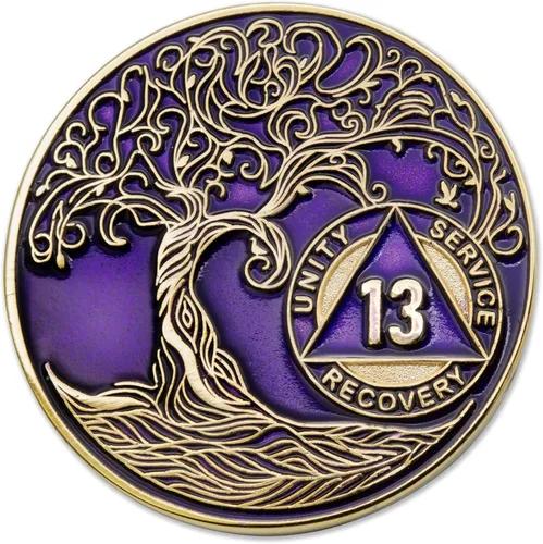 Vista 228 de 1 año Sobriety Mint Twisted Tree of Life Medallón de recuperación AA chapado en oro, chip/ficha - negro