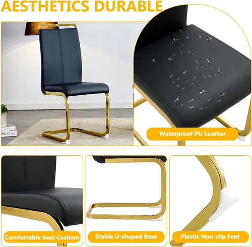 Vista 5 de Juego de Mesa de Comedor Negra para 6, Mesa de Comedor de Mármol Falso de 71" para 6, Juego de Mesa de Cocina Rectangular con Sillas de Cuero PU