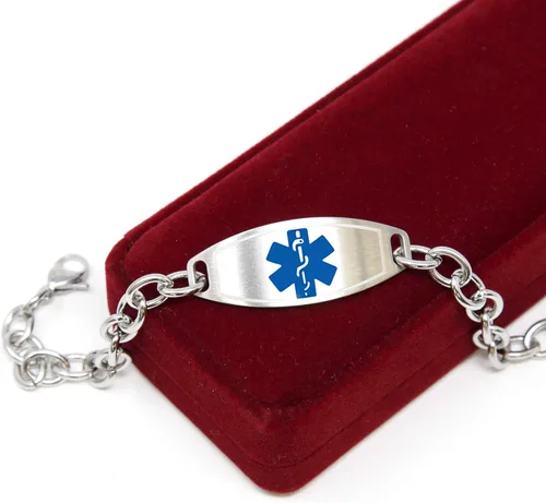 Vista 11 de Pulsera de alerta médica para mujer, identificación médica grabada personalizada, cadena de eslabones de acero de 0.236 in
