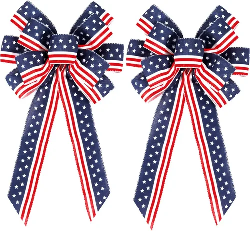 Paquete de 2 lazos decorativos para corona del 4 de julio, lazos para decoración de árbol patriótico, Día de la Independencia, Día de los Caídos,