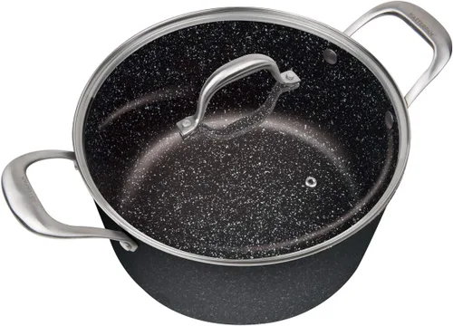 MasterPan Olla de aluminio fundido ultra antiadherente de 5 cuartos con tapa de vidrio, 5 cuartos de galón, serie Granite