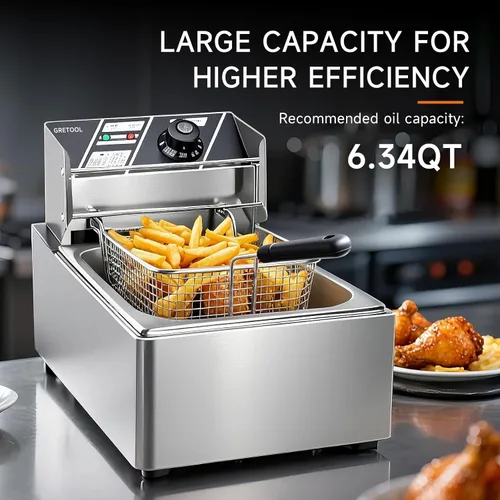 Vista 3 de Freidora eléctrica de acero inoxidable de 10 L/10.5 cuartos de galón, freidora comercial con canasta, 2500 W 110 V freidora de encimera