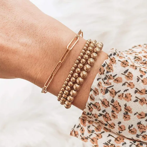 Vista 2 de Reoxvo - Juego de pulseras de cadena y cuentas de oro para mujer, chapadas en oro real de 14 quilates, delicadas pulseras ajustables de moda