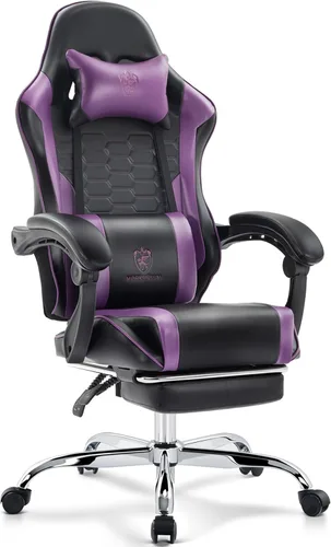 Vista 11 de Silla Gaming, Silla de Oficina para Computadora con Reposapiés, Soporte Lumbar de Masaje y Almohadilla de Gel, Silla Ergonómica Reclinable Ajustable