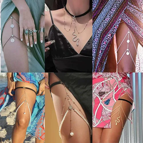 Vista 2 de LOYALLOOK 4 piezas de cadena de pierna de serpiente para mujer, cadena de pierna de cristal de araña, cadena de bikini sexy en capas de cadena