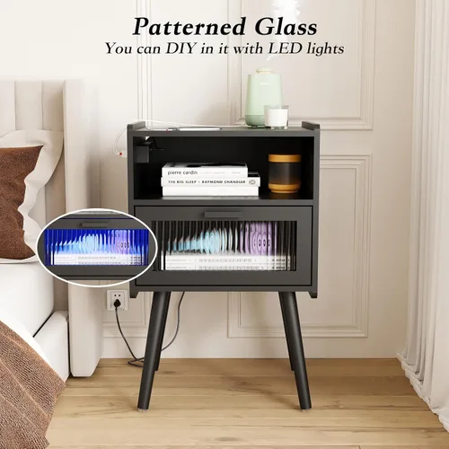 Vista 103 de Mesita de noche moderna de mediados de siglo con estación de carga, mesitas de noche con cajón de cristal, mesa auxiliar con espacio