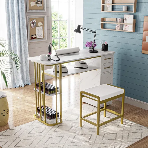 Vista 2 de Mesa de manicura para uñas para tecnología de uñas, mesa profesional de uñas con taburete, colector de polvo, bolsa de polvo y cojín de muñeca, mesa