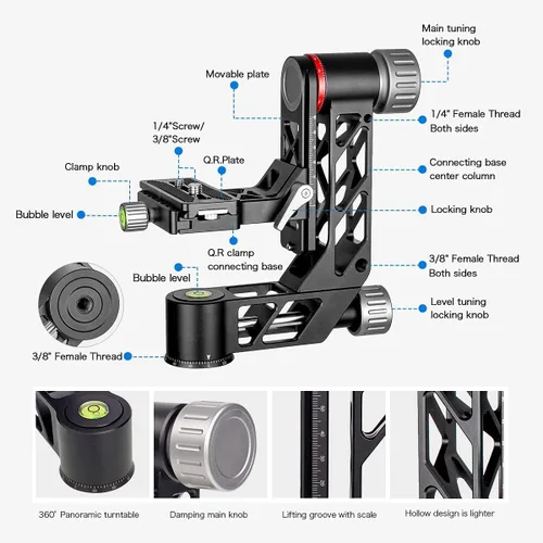 Vista 2 de koolehaoda Cabeza de cardán profesional cabeza trípode aleación de aluminio resistente 360° panorámica con placa QR estándar Arca-Swiss 1/4 pulgadas