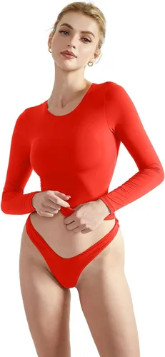 Vista 4 de SUUKSESS Camisetas básicas ajustadas de doble forro para mujer, cuello redondo, manga larga