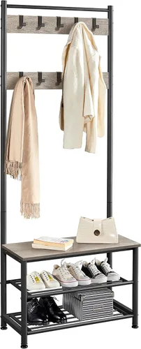 Yaheetech Perchero, árbol de pasillo con banco de zapatos, almacenamiento de zapatos de entrada con perchero, 9 ganchos móviles, muebles de entrada