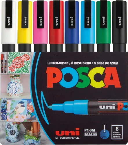 uni POSCA PC-3M - Marcadores de pintura a base de agua, punta fina reversible (0.035-0.051 in), colores surtidos, paquete de 8