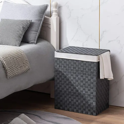 Vista 4 de YOUDENOVA Cesta de lavandería tejida a mano con bolsa extraíble y tapa, cesta de ropa plegable con asa, color gris