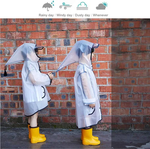 Vista 3 de Chubasquero transparente para niños y niñas, poncho de lluvia ligero con capucha de arena movediza