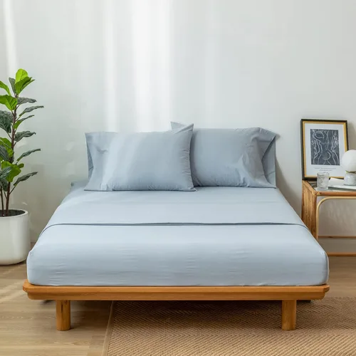 Vista 4 de MooMee Juego de sábanas 100% algodón lavado con textura parecida al lino transpirable duradero suave cómodo (azul aciano, Queen)
