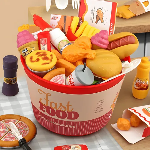 Vista 7 de 80 piezas juguete de juego de simulación de comida para niños cocina edad 3 4 5, juego de comida rápida con cubo de almacenamiento, pizza