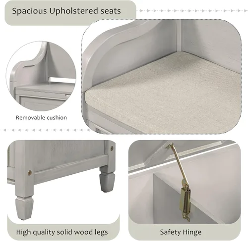 Vista 11 de P PURLOVE Banco de almacenamiento de estilo rústico de 42 pulgadas con bisagra de seguridad, banco de almacenamiento multifuncional de madera maciza