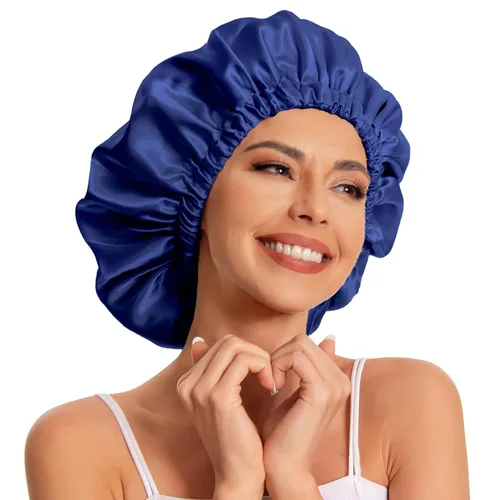 Vista 21 de Gorro de satén de seda para dormir, gorro de satén para dormir, gorro de satén para dormir para cabello natural y rizado (negro y verde negruzco)