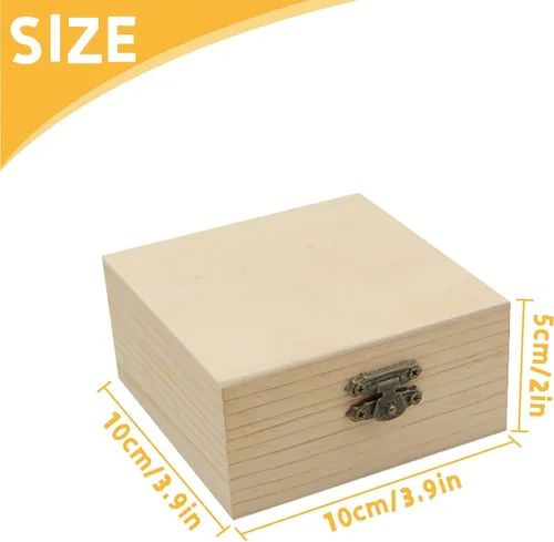 Vista 2 de 4 cajas de madera sin terminar para manualidades, caja cuadrada de madera pequeña con tapas con bisagras y cierres frontales, caja de almacenamiento