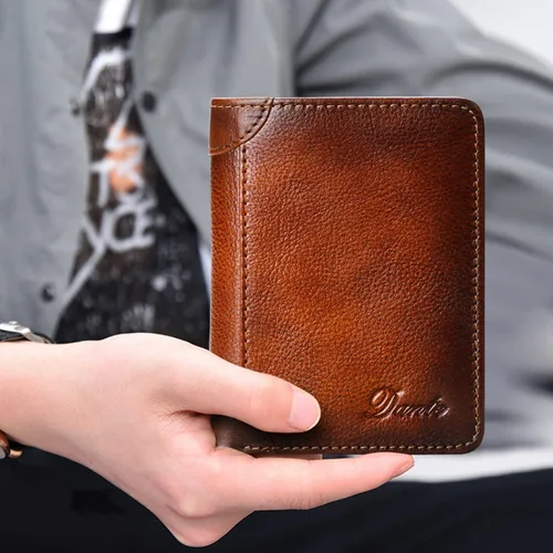 Vista 6 de Cartera de cuero genuino para hombre, con bloqueo RFID, plegable, con cremallera, bolsillo para monedas, multitarjetero, color marrón, Marrón, Retro