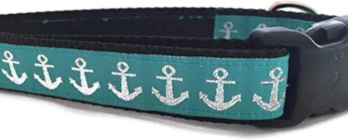 Vista 8 de Collar de perro de ancla azul mediano – Collar náutico hecho a mano con correa roja – Ajustable para razas medianas