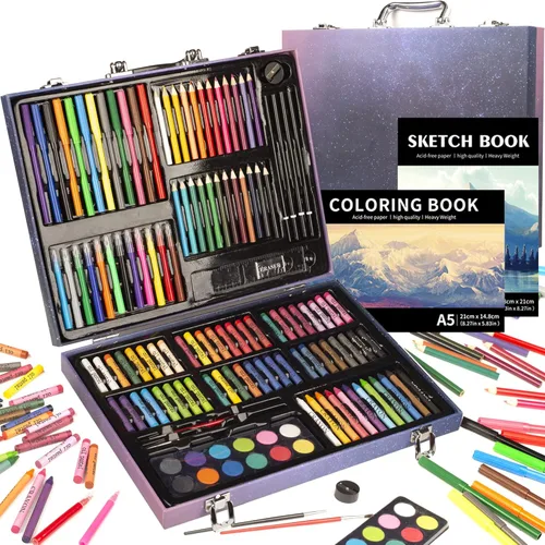 KINSPORY - Juego de 150 piezas de arte con libro de bocetos, kit de arte para colorear y dibujo, estuche de suministros de arte, marcadores, ceras,