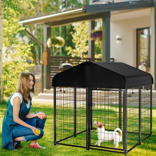 Vista 6 de Perrera para perros al aire libre con techo, 4 x 4.2 x 4.5 pies de alambre soldado para exteriores, jaula de perro resistente con cubierta