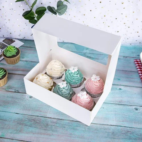 Vista 4 de ONE MORE Cajas para cupcakes con insertos para 6 soportes, cajas grandes de panadería estándar blancas de 9.5 x 6.3 x 3 pulgadas con ventana