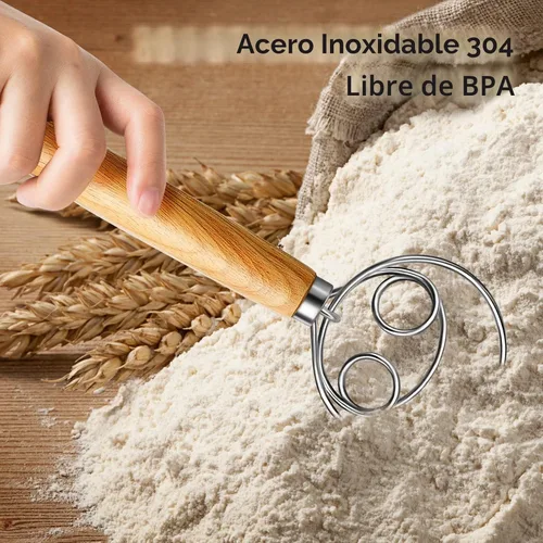 Vista 3 de TEEVEA Batidor de masa danesa Mango de madera de acero inoxidable para hornear pan de pizza de masa madre