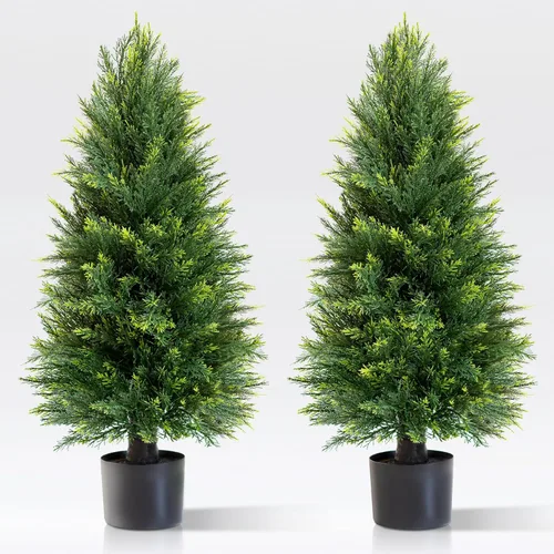 Juego de 2 árboles topiarios artificiales de cedro, 3 pies de alto, resistentes a los rayos UV para uso en exteriores e interiores, plantas falsas