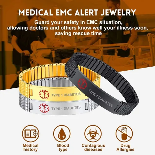 Vista 3 de Bandmax Pulsera de alerta médica de acero inoxidable personalizada con identificación de emergencia elástica para diabéticos, joyería de alerta