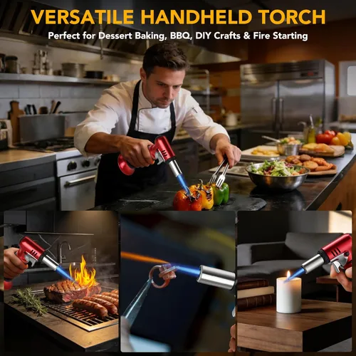 Vista 6 de Semlos Antorcha de butano con indicador de combustible, encendedor de cocina recargable con bloqueo de seguridad y llama ajustable para bricolaje