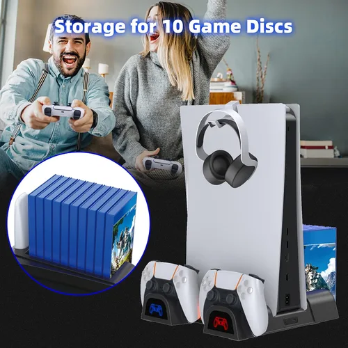 Vista 8 de NexiGo PS5 Accessories Vertical Stand with Headset Holder and AC Adapter, for PS5 Disc & Digital Editions Dual Controllers Charger, 3 Levels